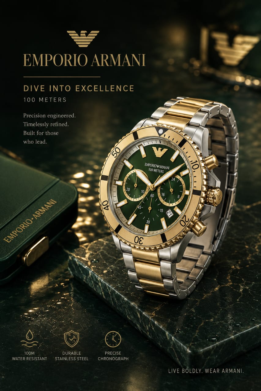 Emporio Armani AR11586 Diver Mens’ Green Dial Stainless Chrono Watch + Gift Bag