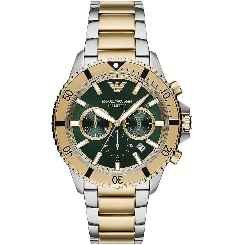 Emporio Armani AR11586 Diver Mens’ Green Dial Stainless Chrono Watch + Gift Bag