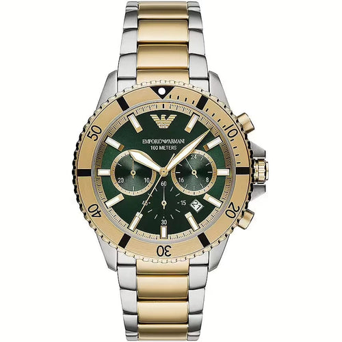 Emporio Armani AR11586 Diver Mens’ Green Dial Stainless Chrono Watch + Gift Bag