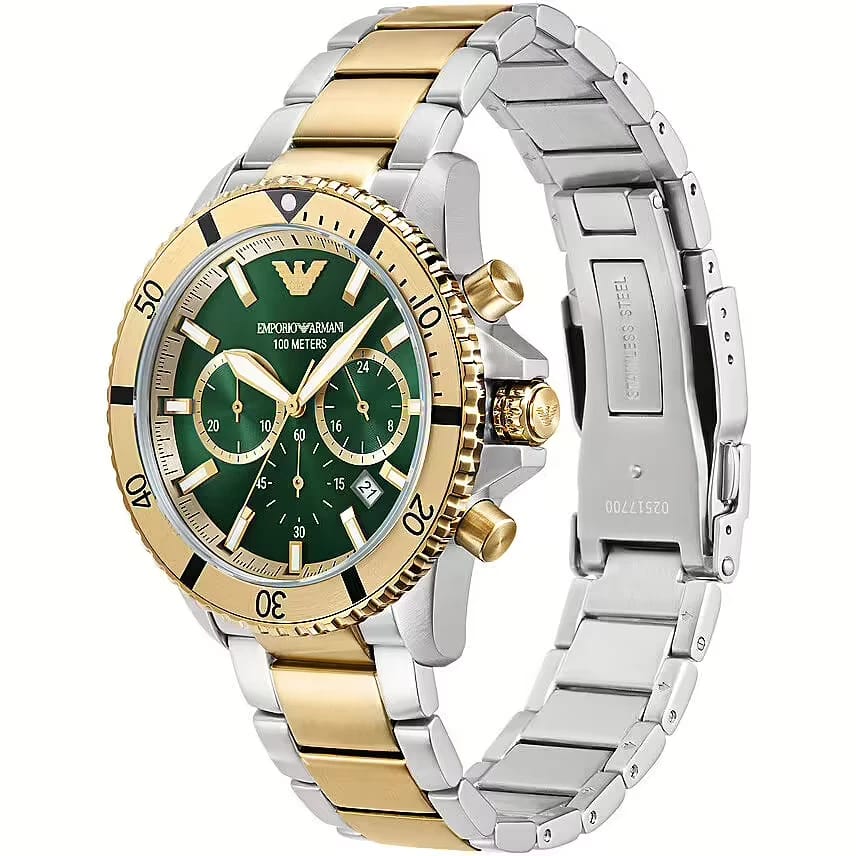Emporio Armani AR11586 Diver Mens’ Green Dial Stainless Chrono Watch + Gift Bag