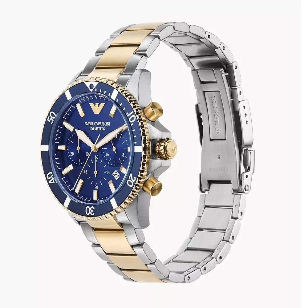 EMPORIO ARMANI AR11362 MENS DIVER CHRONOGRAPH WATCH BLUE SUNRAY DIAL TWO-TONE 43