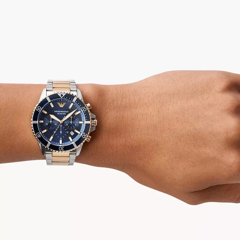 EMPORIO ARMANI AR11362 MENS DIVER CHRONOGRAPH WATCH BLUE SUNRAY DIAL TWO-TONE 43