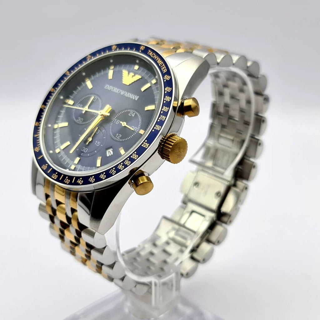 NEW EMPORIO ARMANI AR6088 TAZIO STAINLESS STEEL BLUE DIAL MENS WATCH