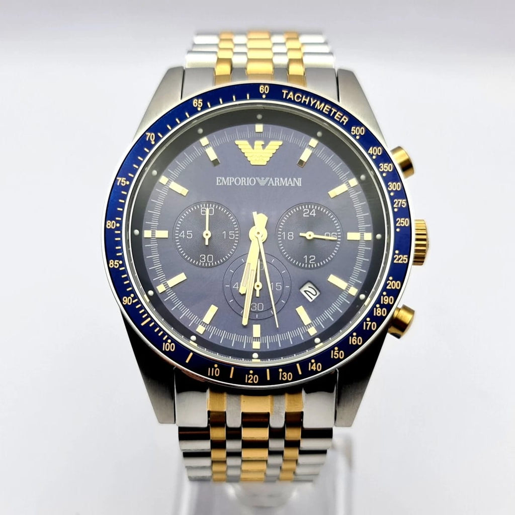 NEW EMPORIO ARMANI AR6088 TAZIO STAINLESS STEEL BLUE DIAL MENS WATCH
