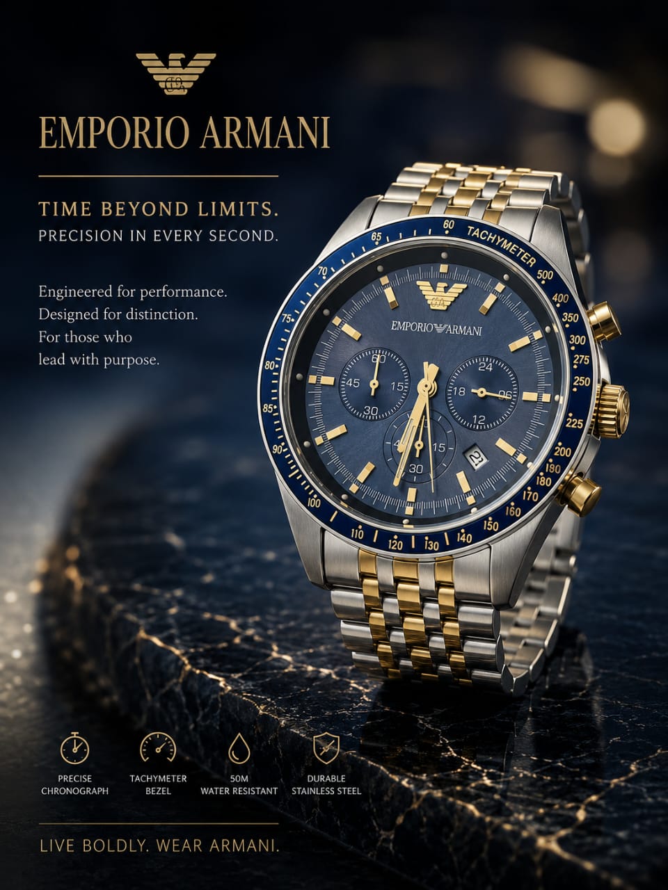 NEW EMPORIO ARMANI AR6088 TAZIO STAINLESS STEEL BLUE DIAL MENS WATCH