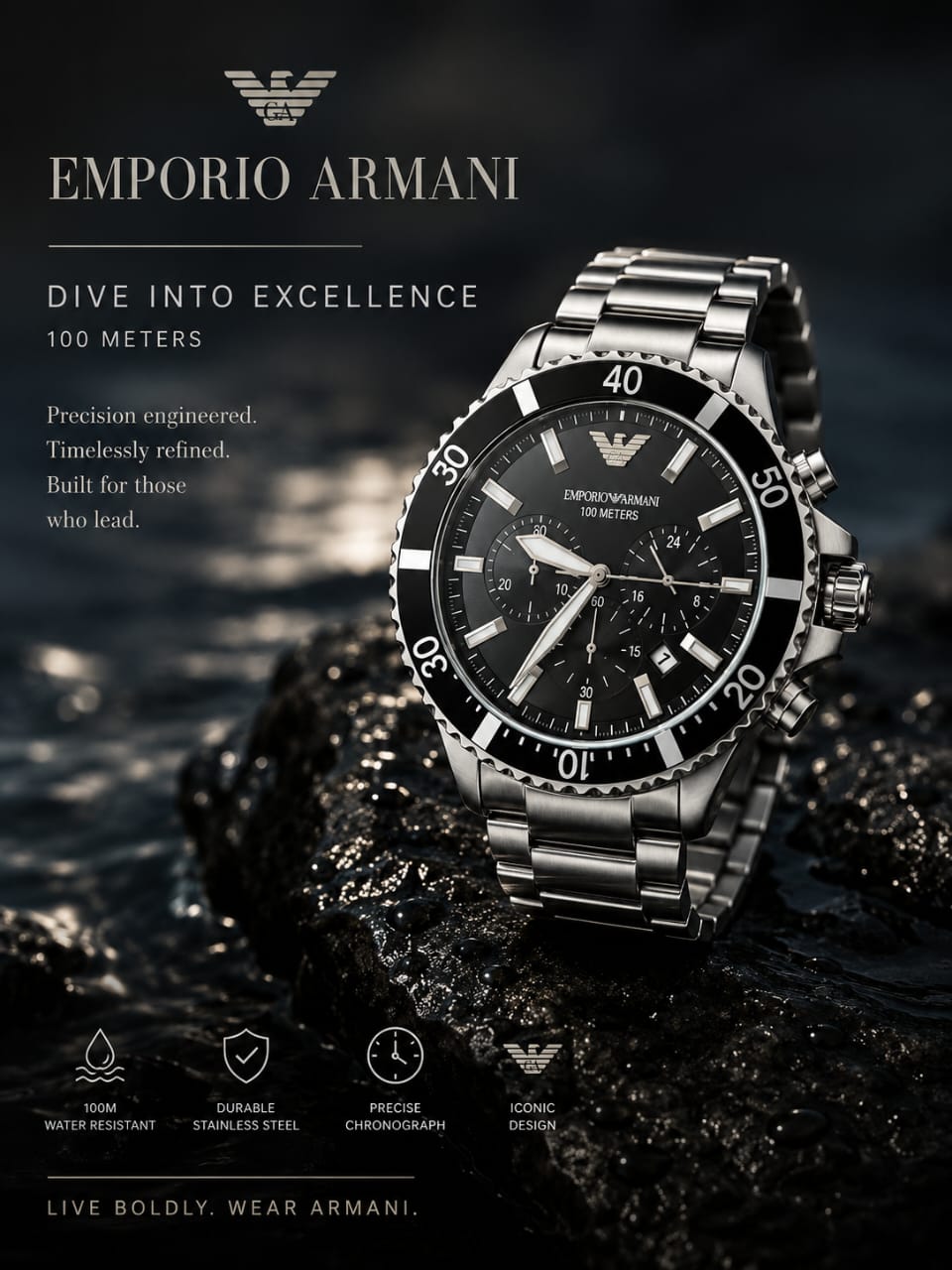 Emporio Armani Men's Chronograph AR11360 Stainless Steel Diver Watch Brand New