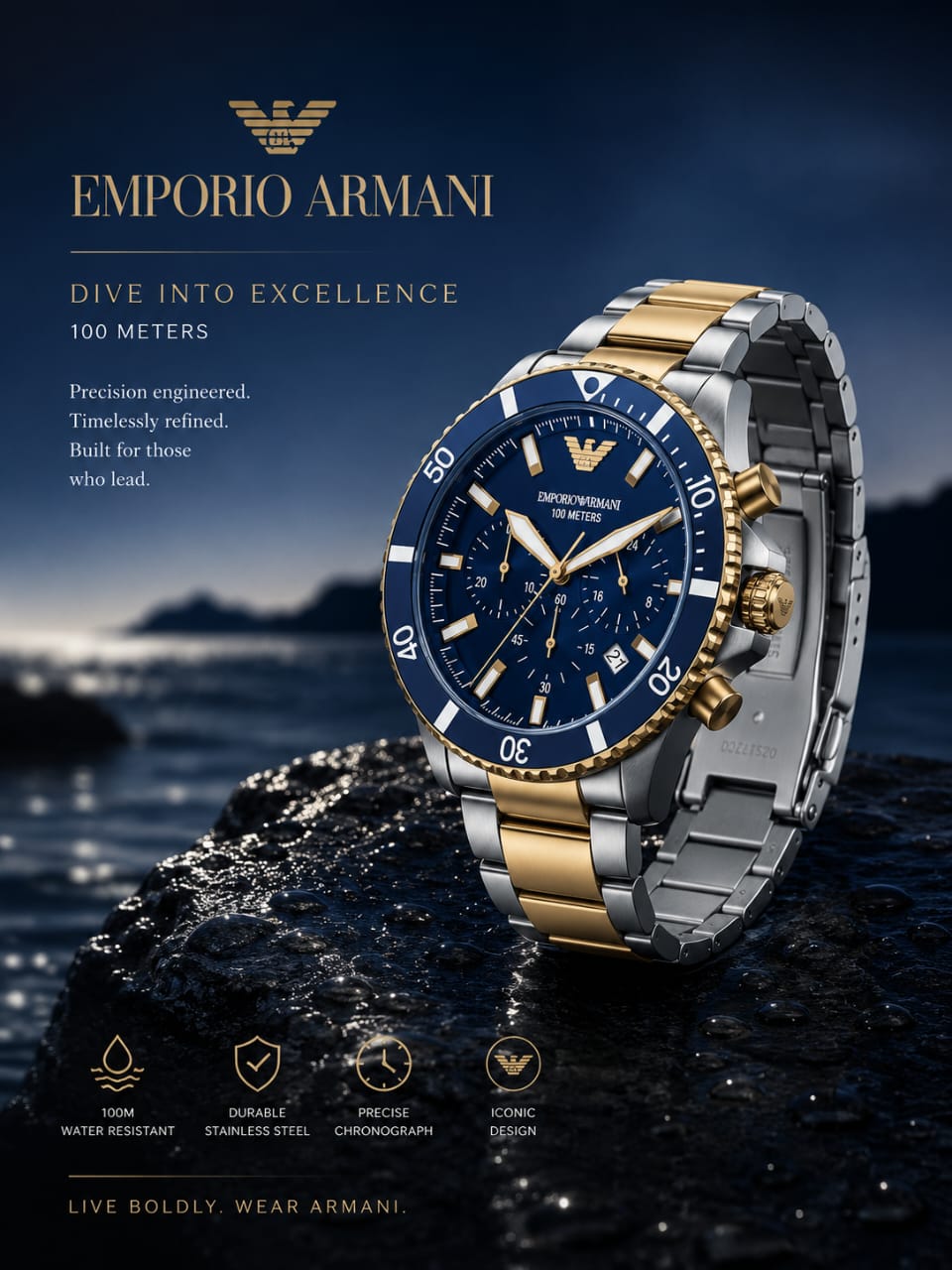 EMPORIO ARMANI AR11362 MENS DIVER CHRONOGRAPH WATCH BLUE SUNRAY DIAL TWO-TONE 43