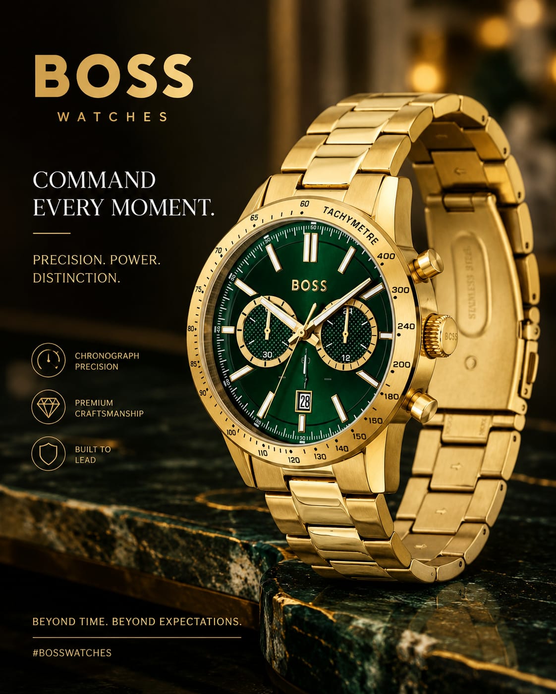 New HUGO BOSS HB1513923 Allure Gold Green Stainless Steel Mens Chronograph Watch