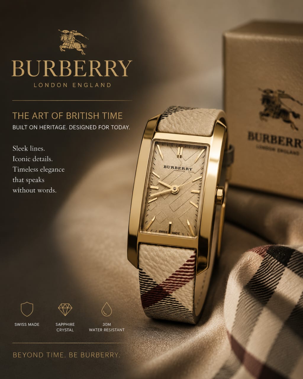 NEW BURBERRY WOMENS BU9509 WATCH MULTICOLOUR FABRIC & LEATHER STRAP & GOLD DIAL