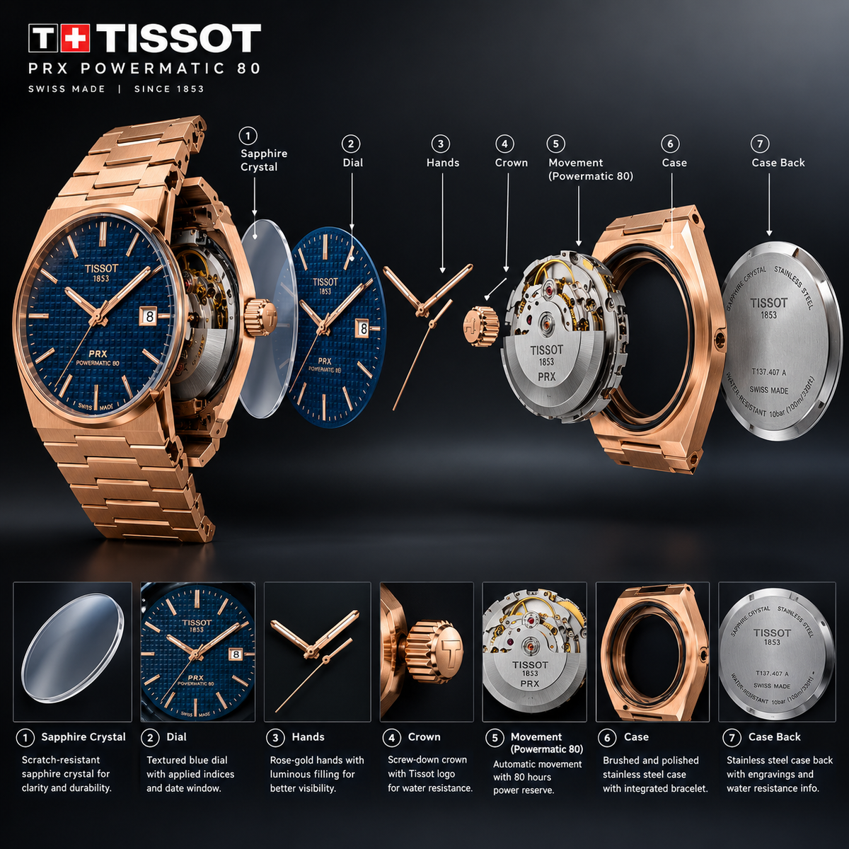 Tissot PRX Powermatic 80 Rose Gold 40 MM Auto Blue Dial Watch T137.407.33.041.00