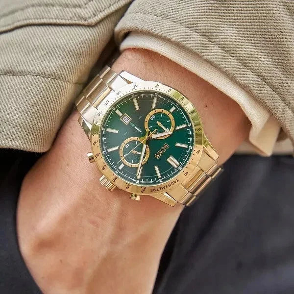 New HUGO BOSS HB1513923 Allure Gold Green Stainless Steel Mens Chronograph Watch