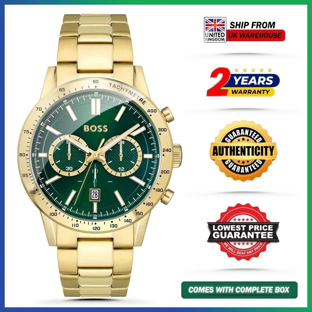 New HUGO BOSS HB1513923 Allure Gold Green Stainless Steel Mens Chronograph Watch