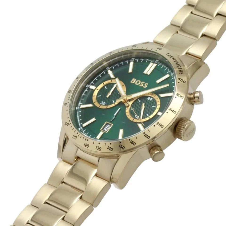 New HUGO BOSS HB1513923 Allure Gold Green Stainless Steel Mens Chronograph Watch